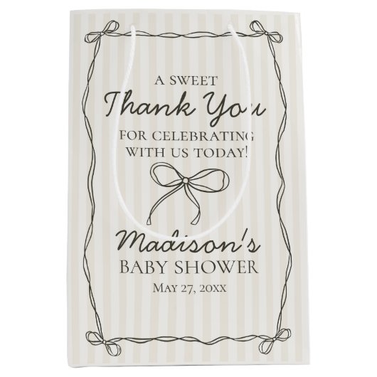 Black Coquette Bow Beige Stripe Baby Dusche Gefall Mittlere Geschenktüte (Vorderseite)