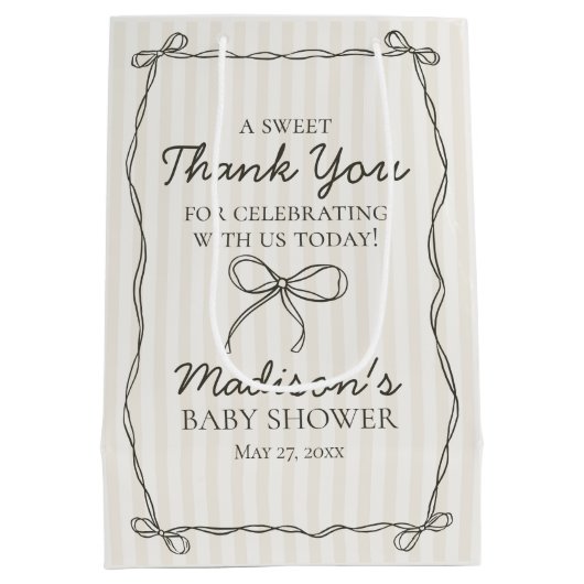 Black Coquette Bow Beige Stripe Baby Dusche Gefall Mittlere Geschenktüte (Rückseite)