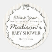 Black Coquette Bow Beige Stripe Baby Dusche Gefall Runder Aufkleber (Vorderseite)