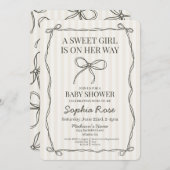 Black Coquette Bow Beige Stripte Babydusche Einladung (Vorne/Hinten)