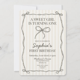 Black Coquette Bow Beige Stripte Geburtstagsparty Einladung