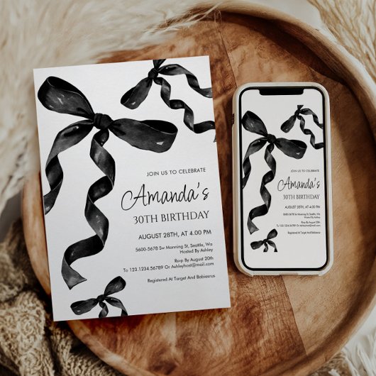 Black Coquette Bow Birthday Einladung