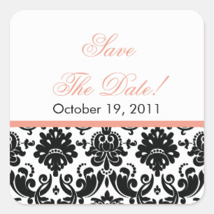 Black & Coral Damask Save the Date Hochzeitsticker Quadratischer Aufkleber