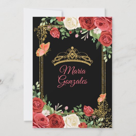 Black Coral mexikanische Blume Quinceañera Einladu Einladung (Rückseite)