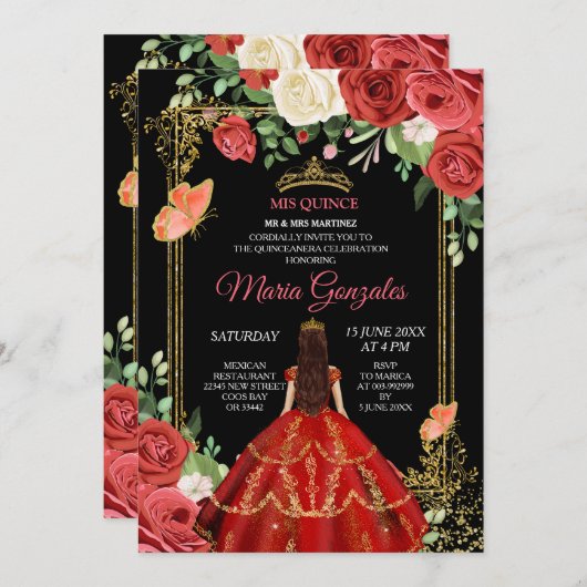 Black Coral mexikanische Blume Quinceañera Einladu Einladung (Vorne/Hinten)