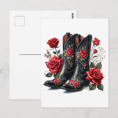 Black Cowboy Boots With Red Roses Postkarte (Vorne/Hinten)