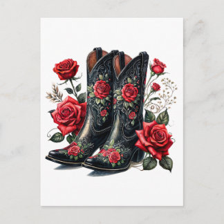Black Cowboy Boots With Red Roses Postkarte