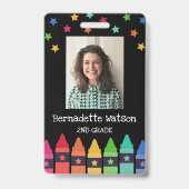 Black Crayons & Stars Colorful School Lehrer Auswe Ausweis (Vorderseite)