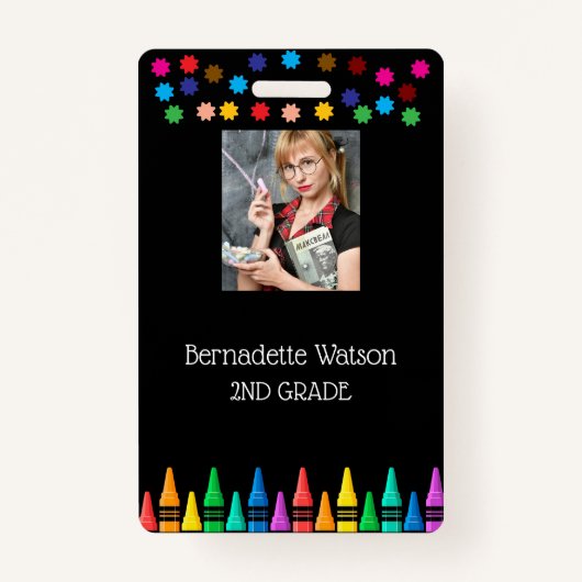 Black Crayons & Stars farbenfrohe Schullehrerin Ausweis (Vorderseite)