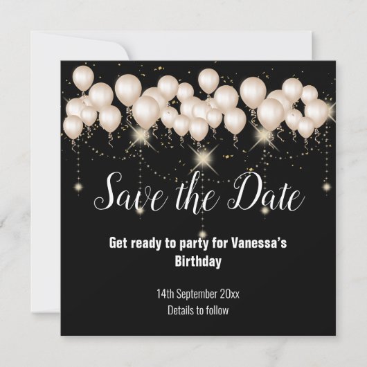 Black Cream Balloon Save the Date Card Ankündigung (Vorderseite)