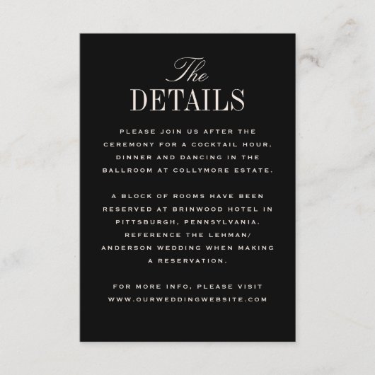 Black Cream Classic Elegance Hochzeitsdetails Begleitkarte (Vorderseite)
