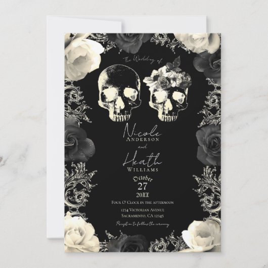 Black Cream Gray Skeleton Skull Gothic Wedding Einladung (Vorderseite)