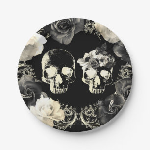 Black Cream Gray Skeleton Skull Gothic Wedding Pappteller