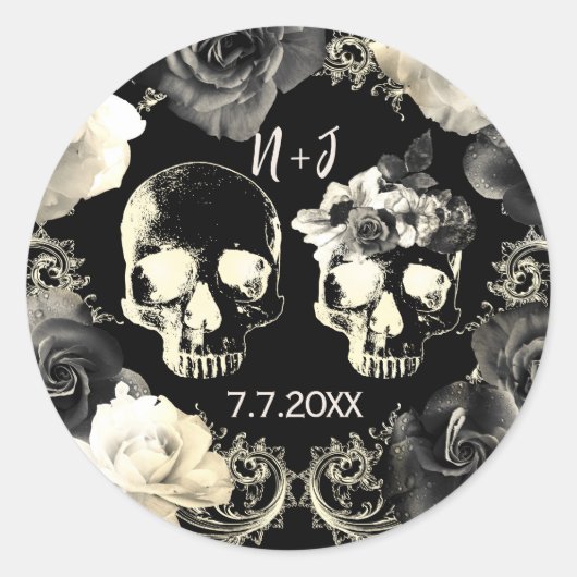 Black Cream Gray Skeleton Skull Gothic Wedding Runder Aufkleber (Vorderseite)