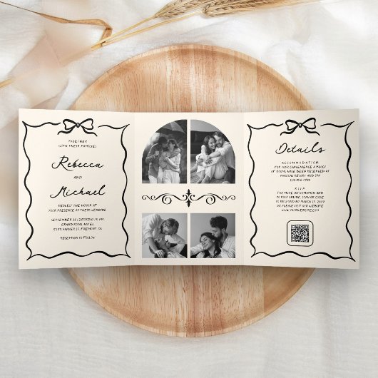 Black Cream Hand Drawn Bow QR Code Photo Wedding Dreifach Gefaltete Einladung