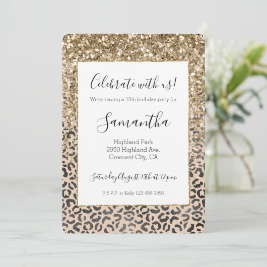 Black Cream Leopard Gold Glitzer Einladung (Stehend Vorderseite)