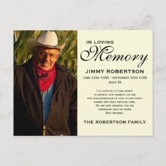 Black & Cream Memorial Family Acknowledbeschlag Postkarte