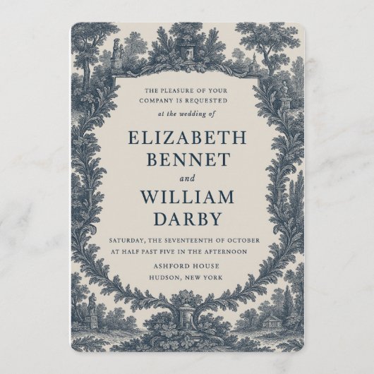 Black & Cream Toile Wedding Invitation – Old World Einladung (Vorderseite)