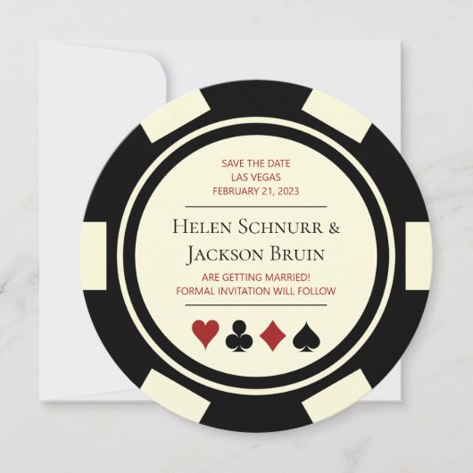 Black Cream Vegas Wedding Save the Date Poker Chip Einladung (Vorderseite)