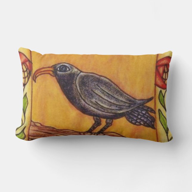 Black Crow auf Branch Art Deco Abstrakte Rote Rose Kissen Für Draußen (Vorderseite)