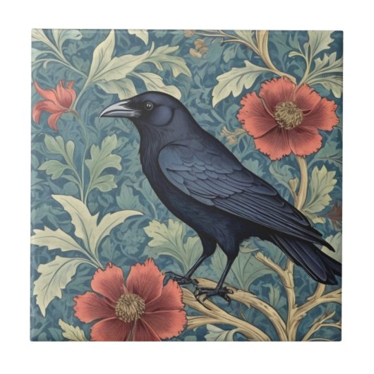 Black Crow Bird William Morris Stil Links Fliese (Vorderseite)