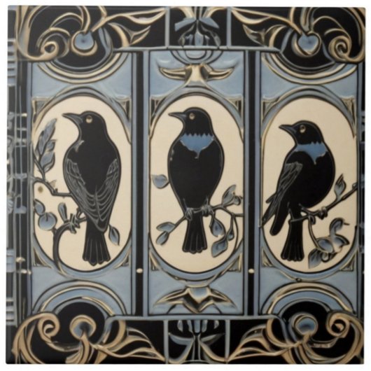 Black Crow Birds Art Nouveau Art Deco Bird Fliese