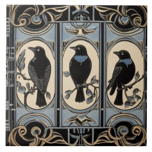 Black Crow Birds Art Nouveau Art Deco Bird Fliese (Vorderseite)