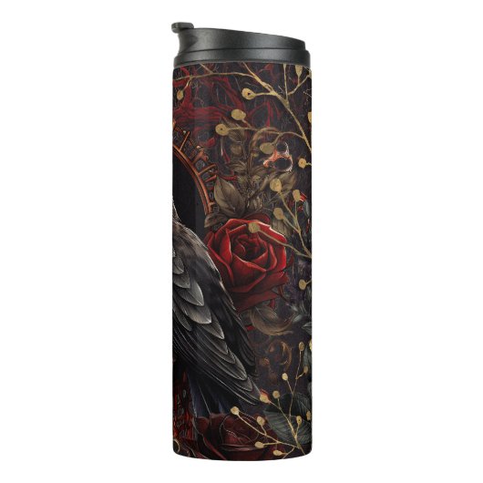 Black Crow Dark Gothic Beauty Rote Rosen Raven Bir Thermosbecher (Nach rechts gedreht)