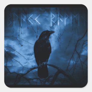 Black Crow mit Runen Dark Goth Style Quadratischer Aufkleber