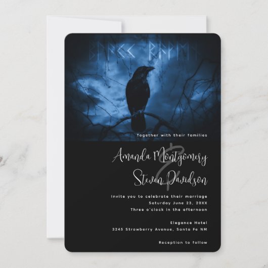 Black Crow mit Runes Dark Goth Style Wedding Einladung (Vorderseite)