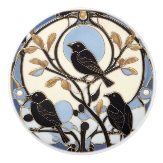 Black Crows Art Nouveau Birds Art Deco Bird Keramikknauf (Vorderseite)