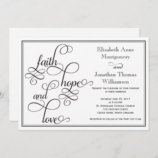 Black Curly Script Faith Hope & Liebe Wedding Card Einladung (Vorne/Hinten)