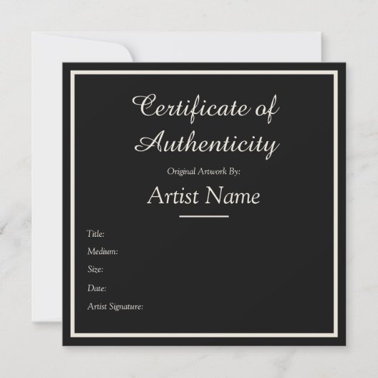 Black Customizable Certificate of Authenticity Mitteilungskarte (Vorderseite)