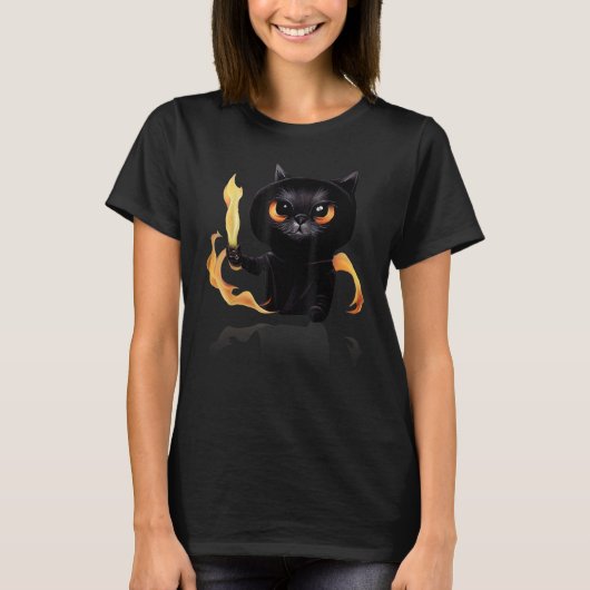 Black Cute Cat Wizard With Power Of Fire For Anima T-Shirt (Vorderseite)