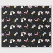Black Cute Rainbow Unicorn Star Magical Geschenkpapier (Flach)