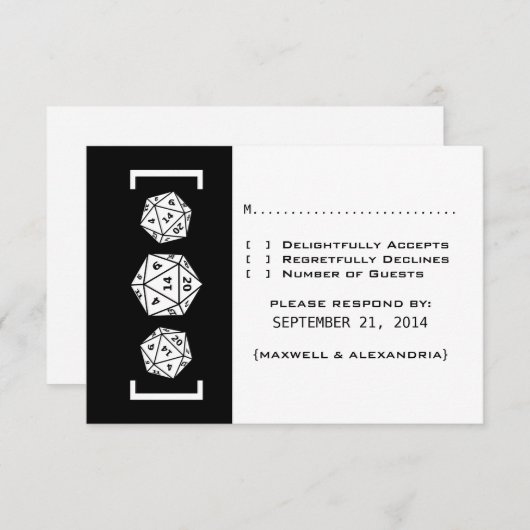 Black D20 Dice Gamer Wedding Response Card RSVP Karte (Vorne/Hinten)
