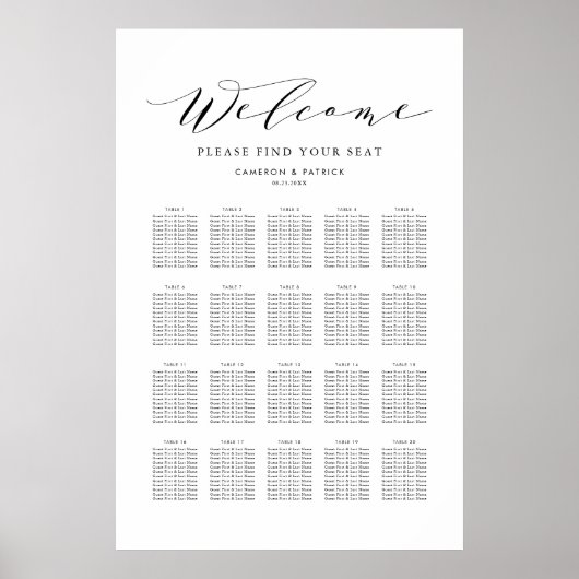 Black Dainty Script Seating Chart Poster (Vorne)