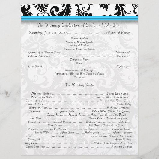 Black Damak Wirbel Bright Aqua Wedding Program (Vorderseite)