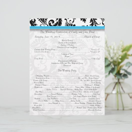 Black Damak Wirbel Bright Aqua Wedding Program (Stehend Vorderseite)