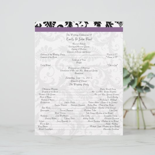 Black Damak Wirbel Hochzeitsprogramm (Stehend Vorderseite)