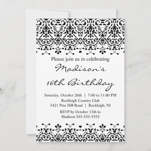 Black Damask 16 . Geburtstag Geburtstag Einladung (Vorderseite)