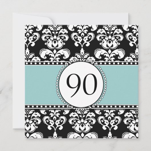 Black Damask 90. Geburtstag Einladungen Blau (Vorderseite)