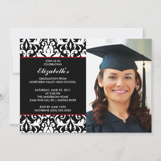Black Damask Abschluss Einladung mit Foto (Vorderseite)