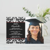 Black Damask Abschluss Einladung mit Foto (Stehend Vorderseite)