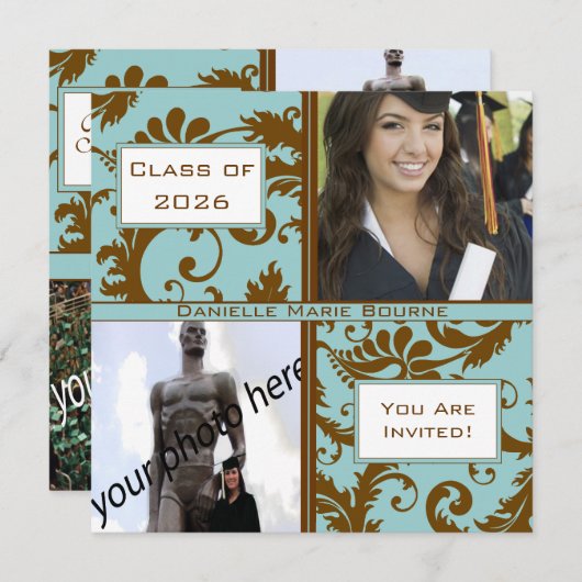 Black Damask Aqua Blue Abschluss Einladung (Vorne/Hinten)