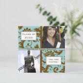 Black Damask Aqua Blue Abschluss Einladung (Stehend Vorderseite)