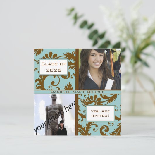 Black Damask Aqua Blue Abschluss Einladung (Stehend Vorderseite)