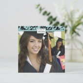 Black Damask Aqua Blue Abschluss Einladung (Stehend Vorderseite)