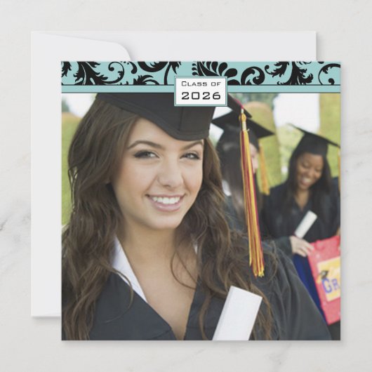 Black Damask Aqua Blue Abschluss Einladung (Vorderseite)