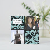 Black Damask Aqua Blue Abschluss Einladung (Stehend Vorderseite)